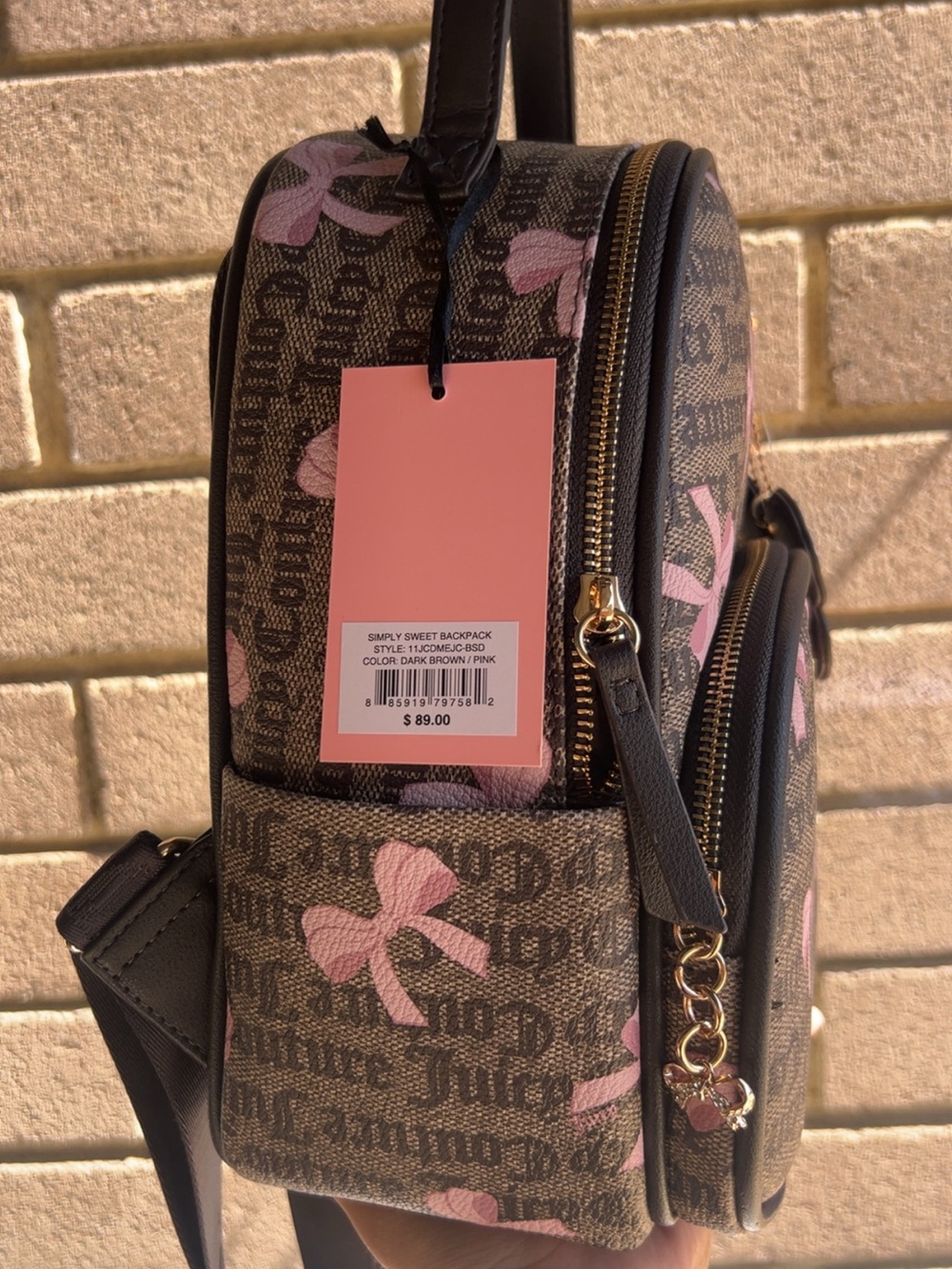 Juicy Couture Brown Monogram Backpack with Pink Bow Accents - Picture 7 of 7